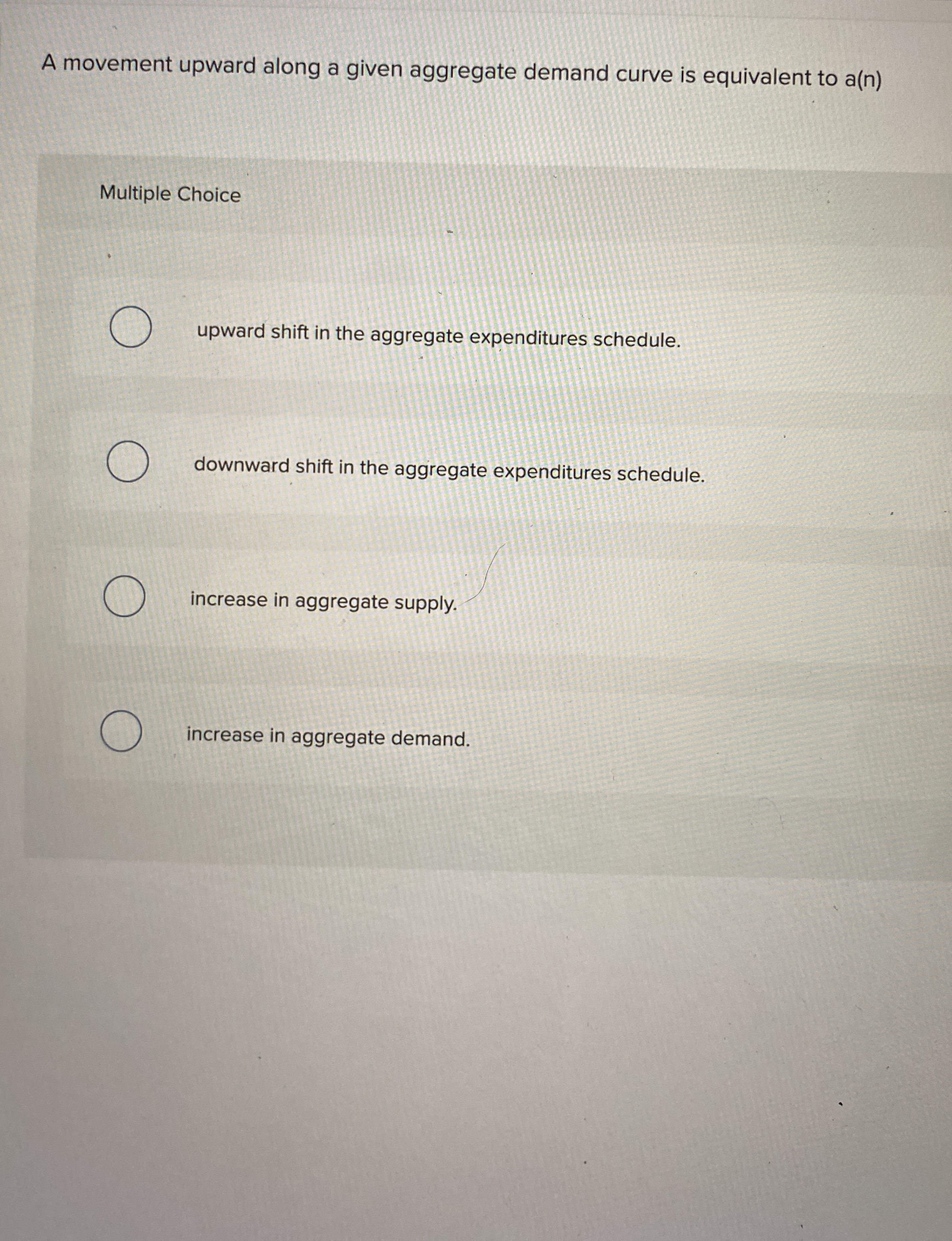 A movement upward along a given aggregate demand