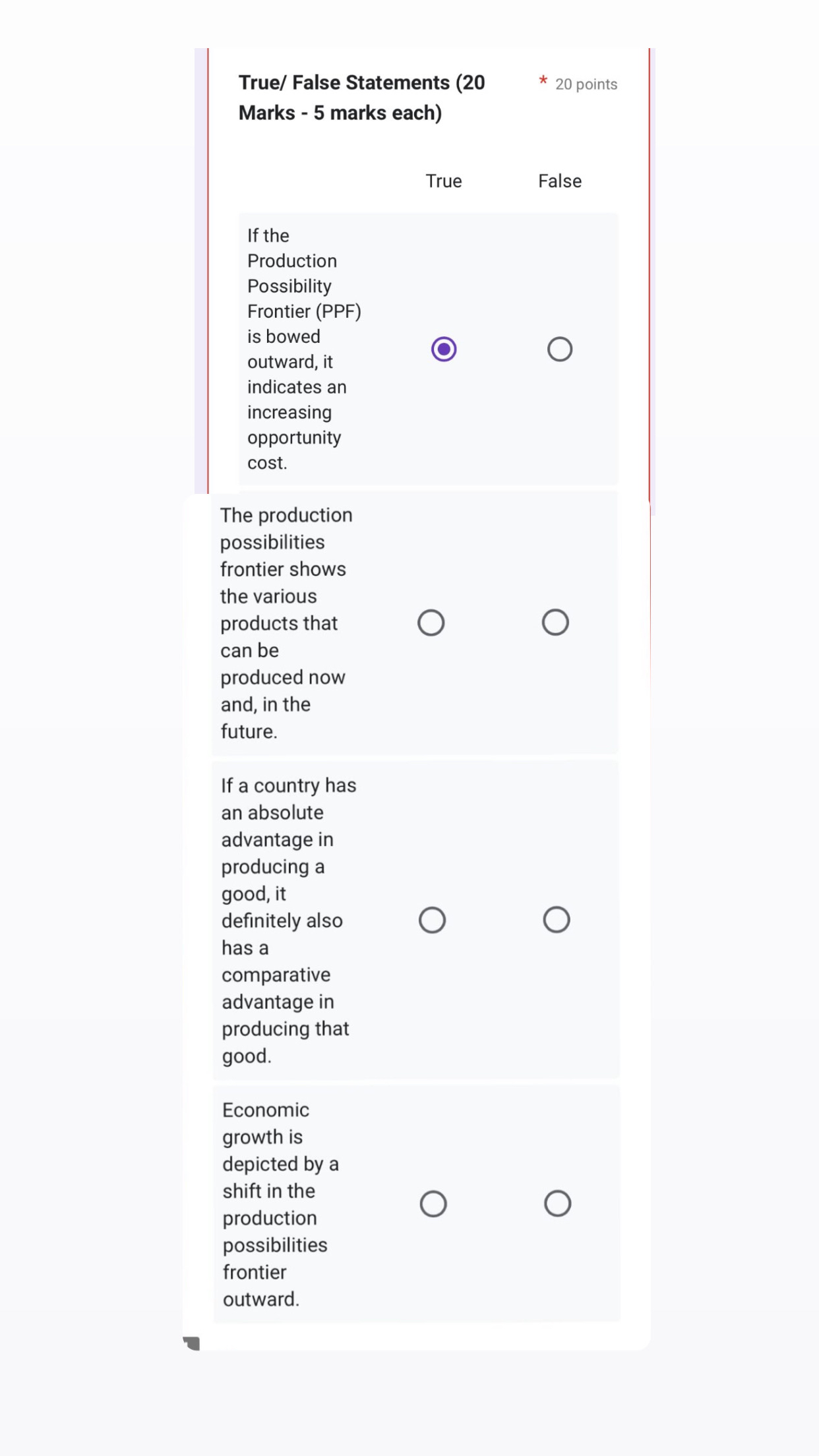 True / False Statements ( 2 0 2 0 points Marks -