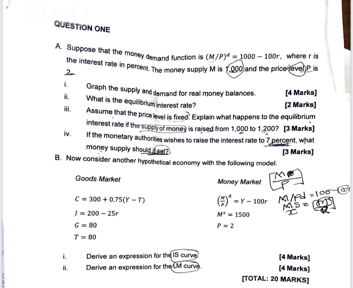 QUESTION ONE A . Suppose that the money demand