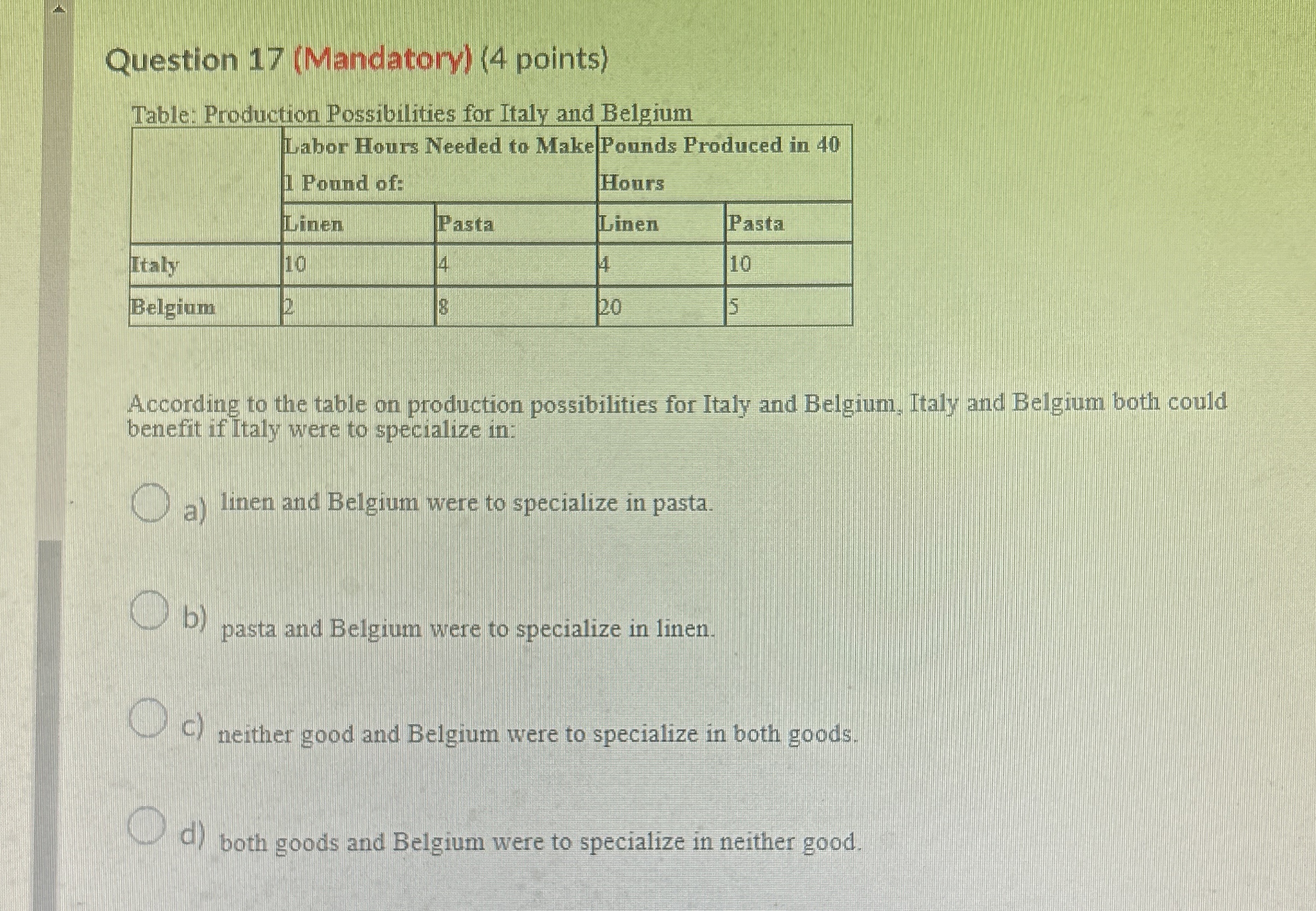 Question 1 7 ( Mandatory ) ( 4 points ) Table: