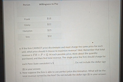 Person Wilingness to Pay \ table [ [ Frank , $ 1 8