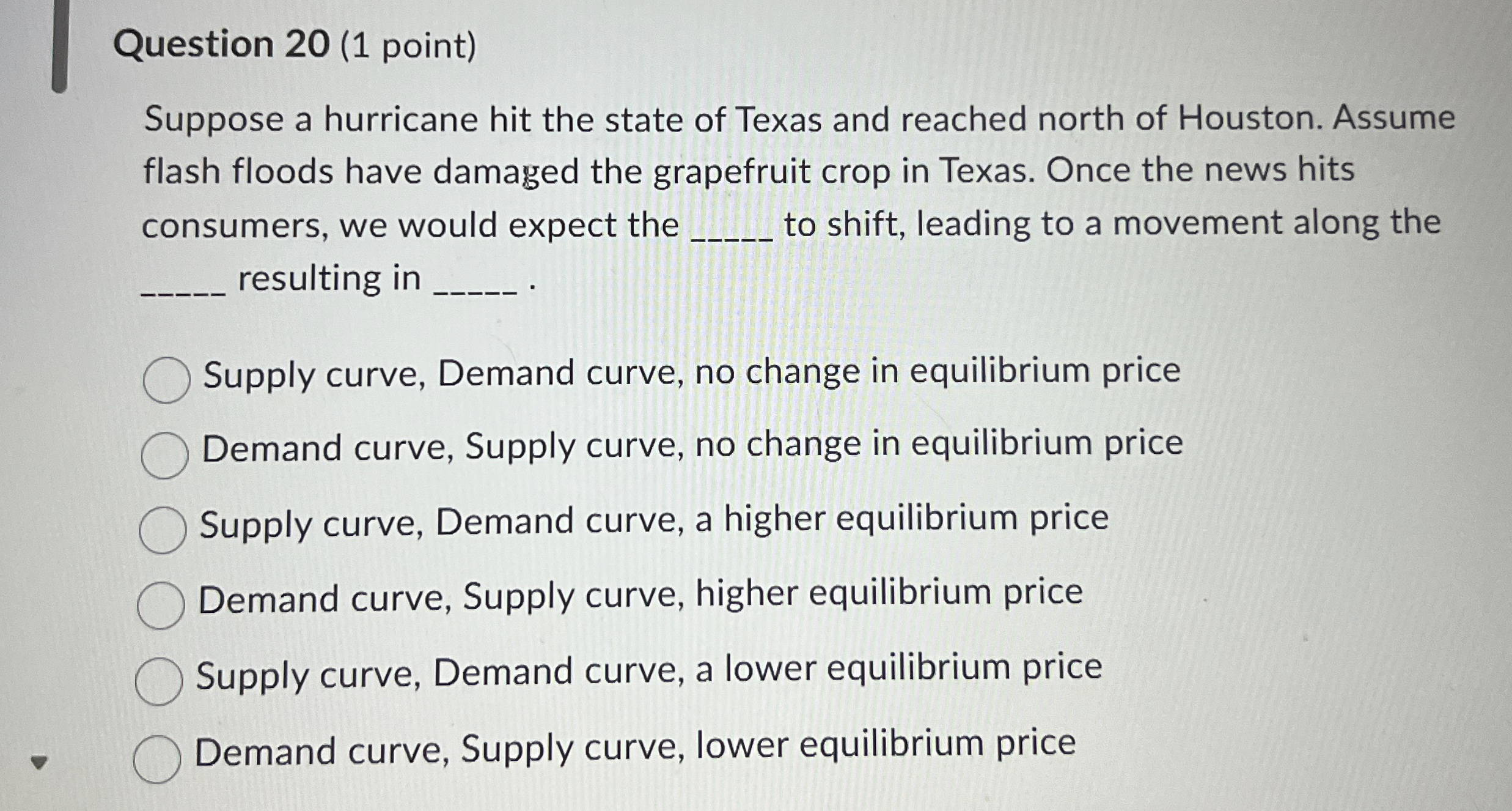 Question 2 0 ( 1 point ) Suppose a hurricane hit