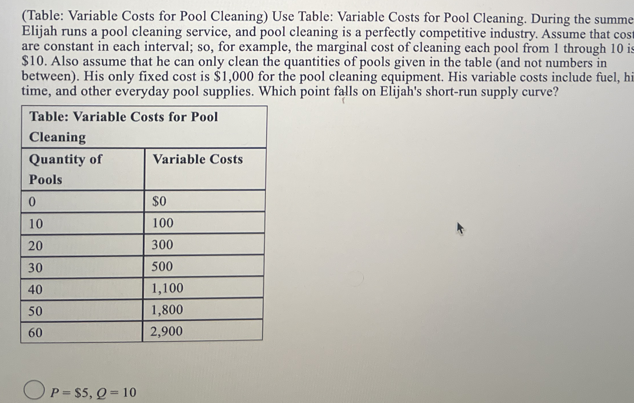 ( Table: Variable Costs for Pool Cleaning ) Use
