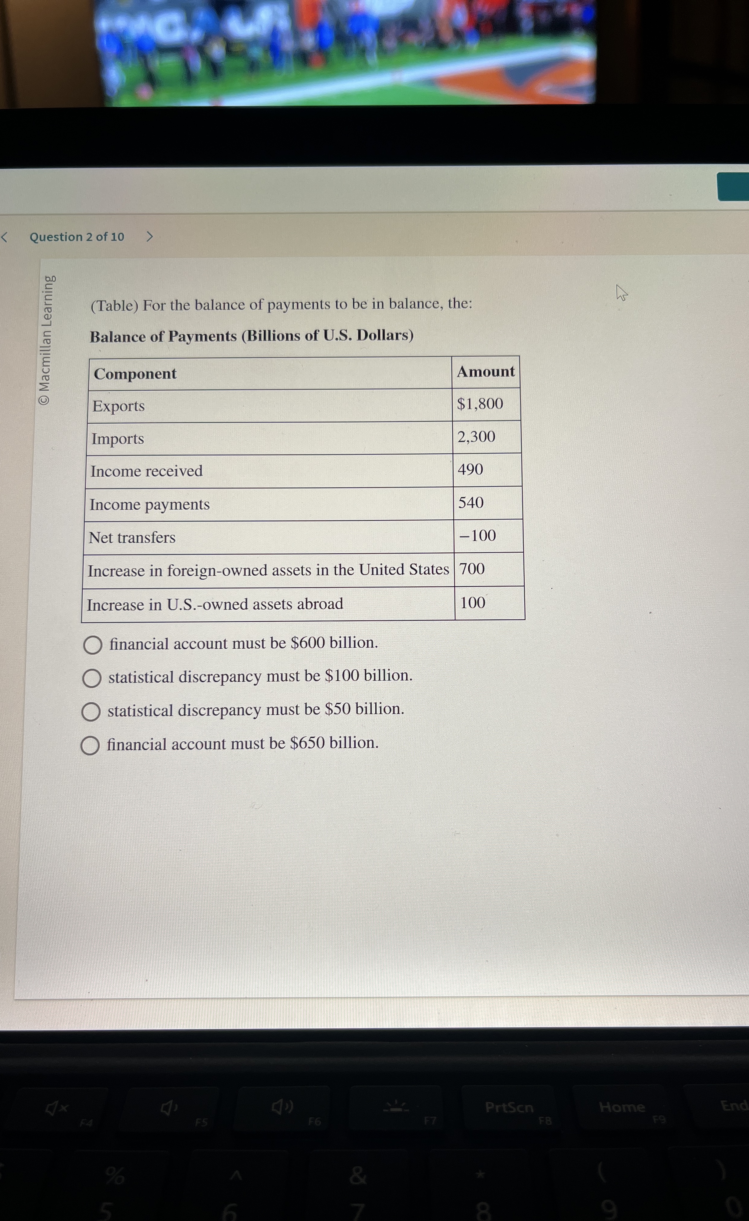 Question 2 of 1 0 ( Table ) For the balance of