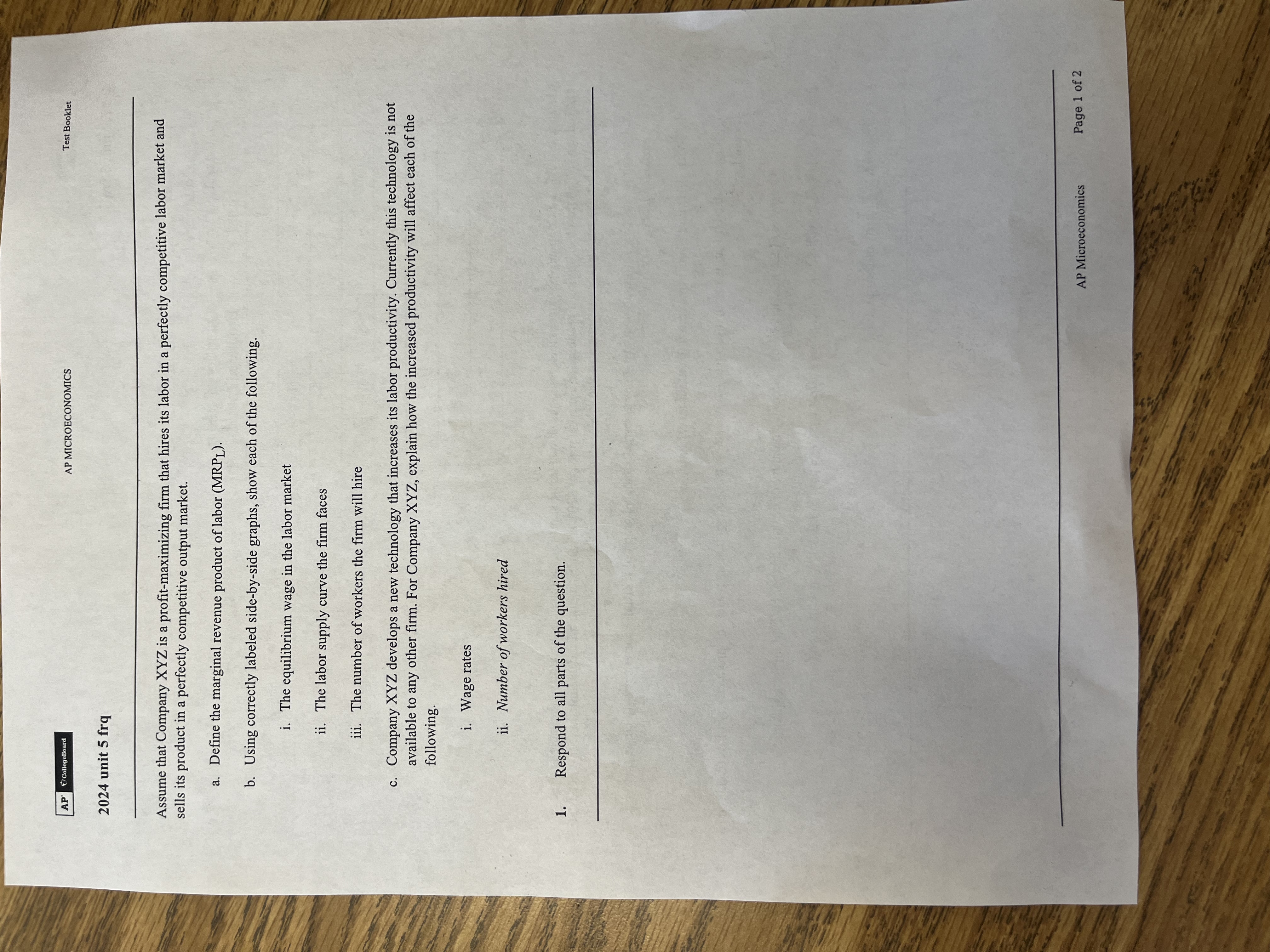 AP Pechlegeblara Test Booklet 2 0 2 4 unit 5 frq