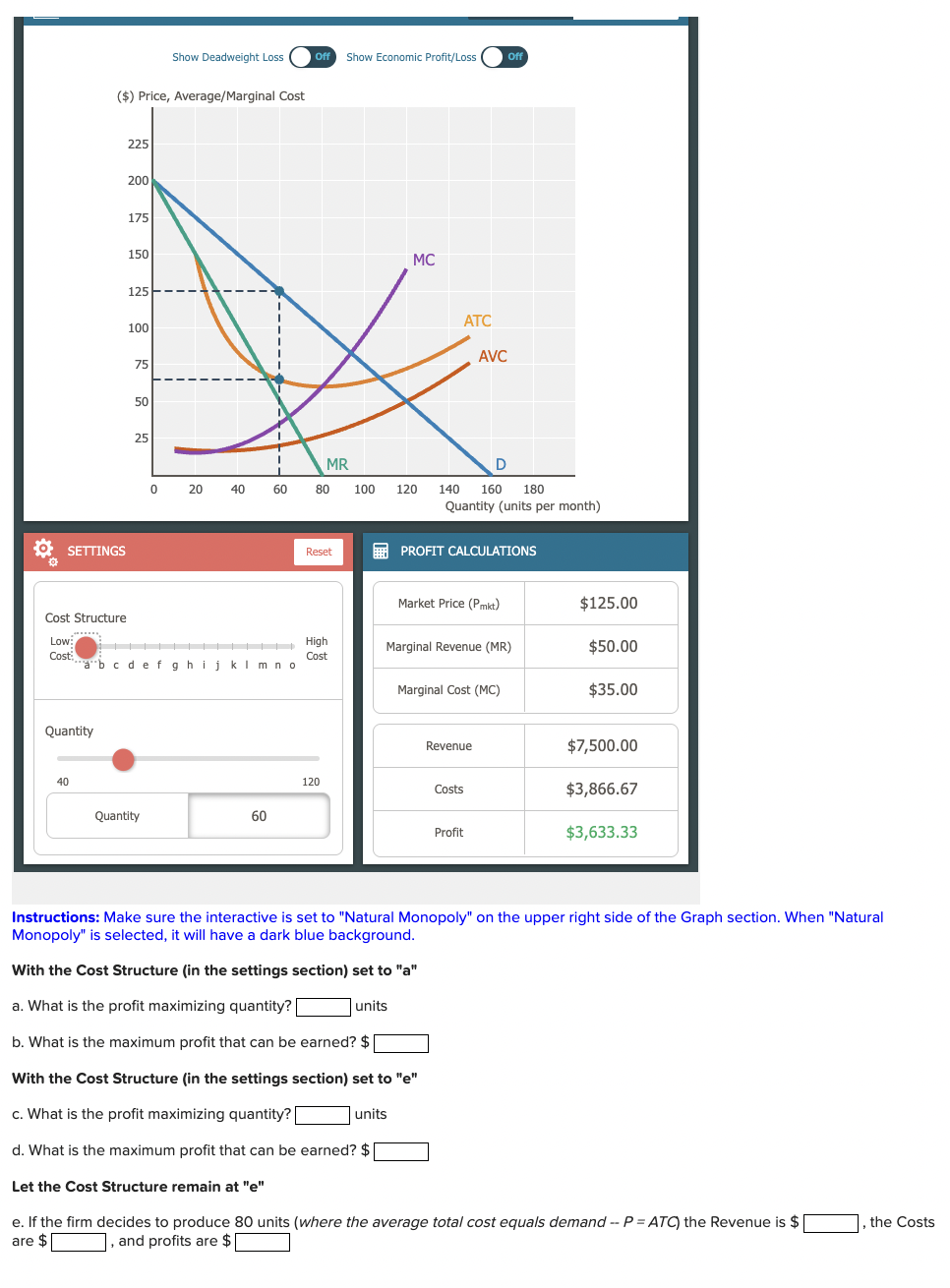 SETTINGS Cost Structure Quantity 4 0 1 2 0