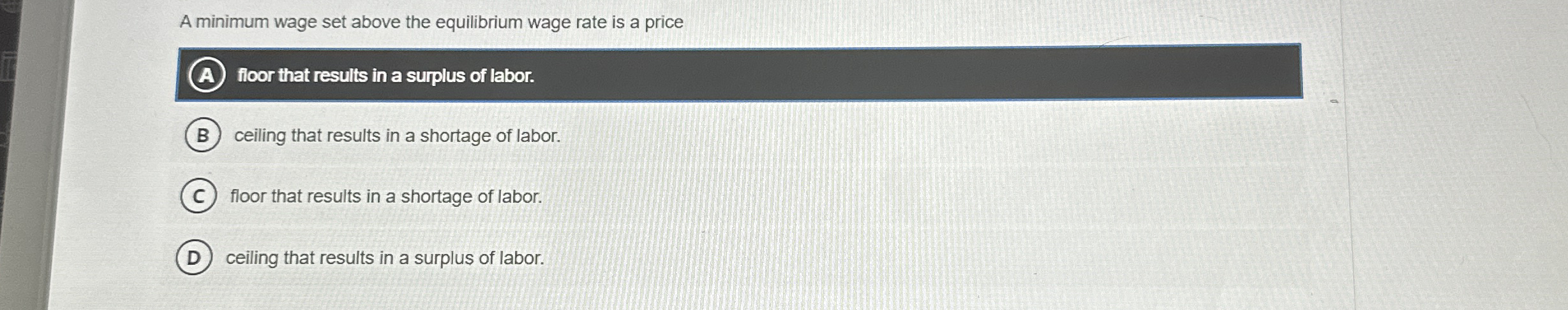 A minimum wage set above the equilibrium wage