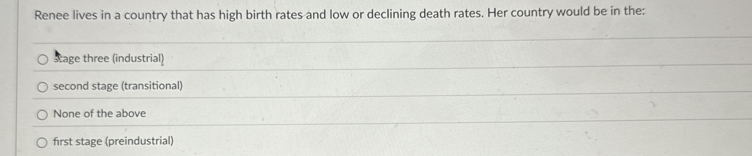 Renee lives in a country that has high birth