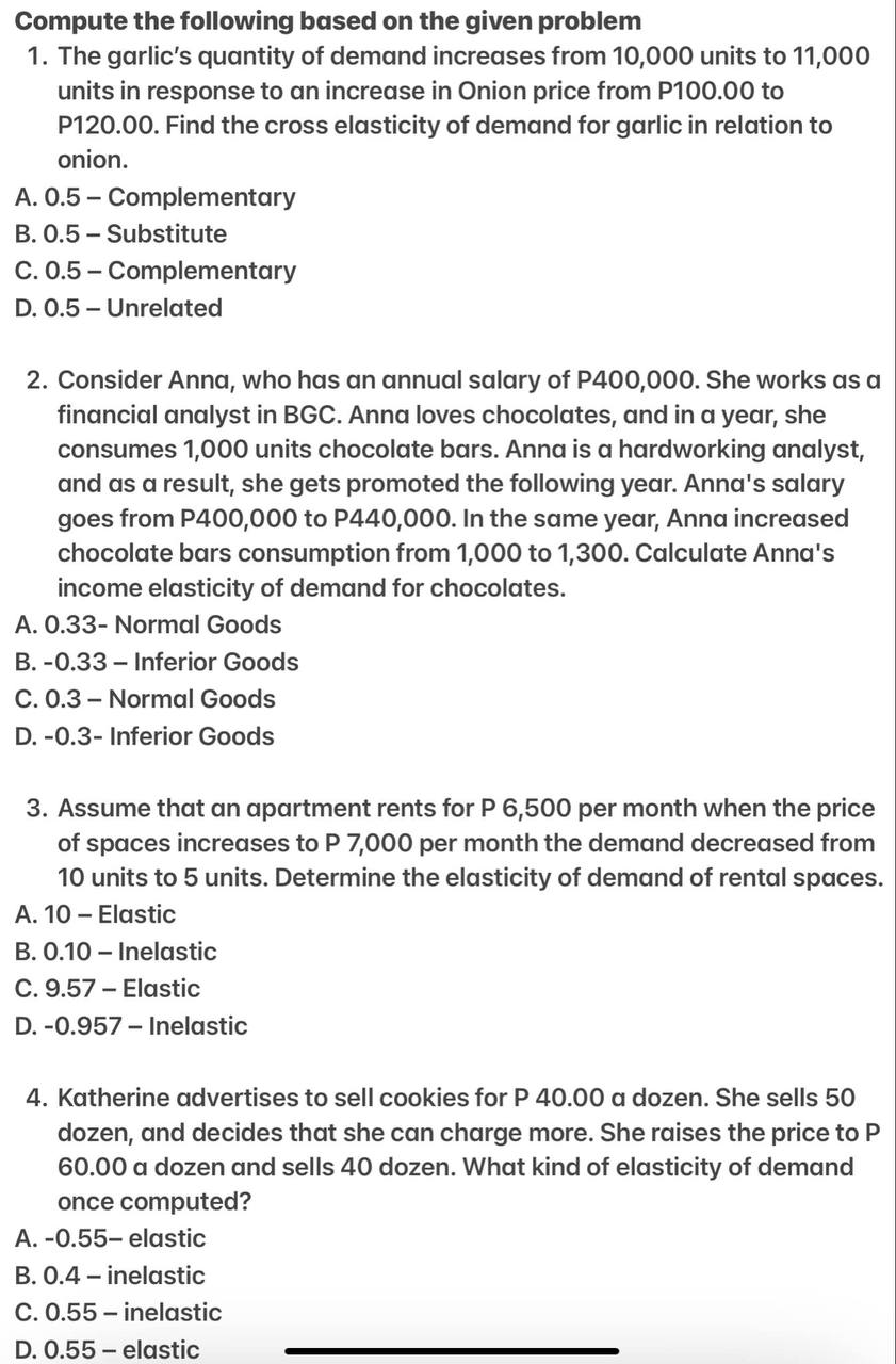 Compute the following based on the given problem