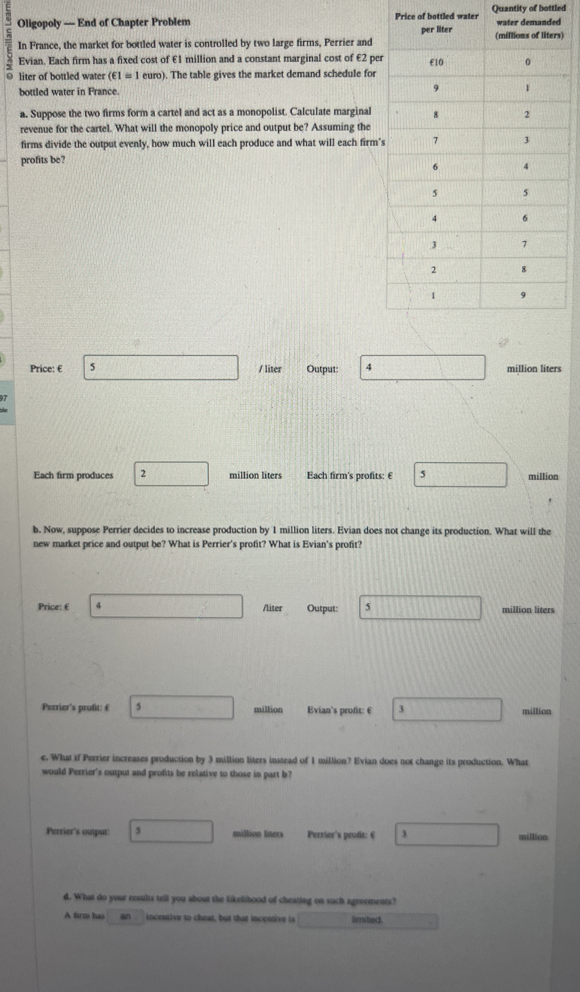 Oligopoly - End of Chapter Problem \ table [ [