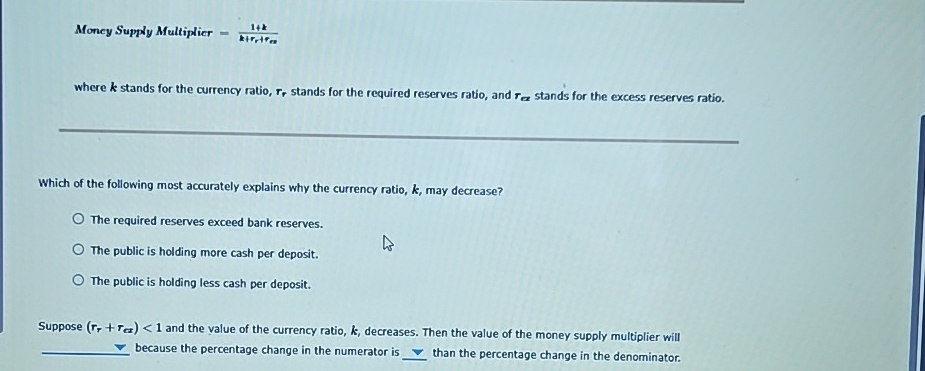 Moncy Supply Multiplier = 1 + k k + r r + r e