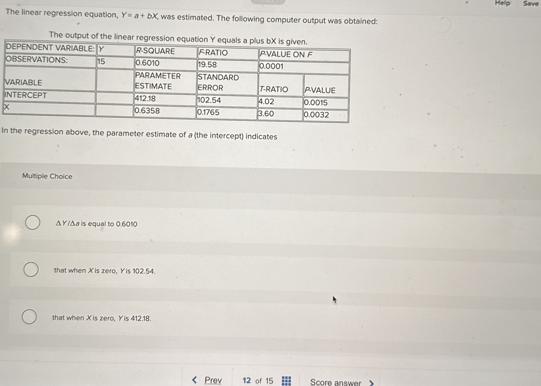 Help Save The linear regression equation, Y = a +