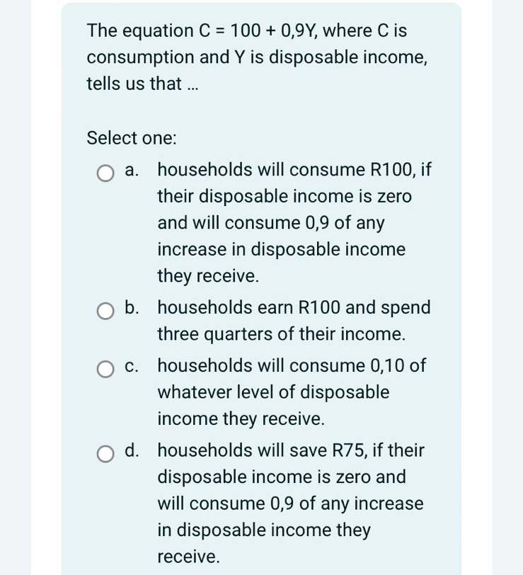 The equation C = 1 0 0 + 0 , 9 Y , where C is