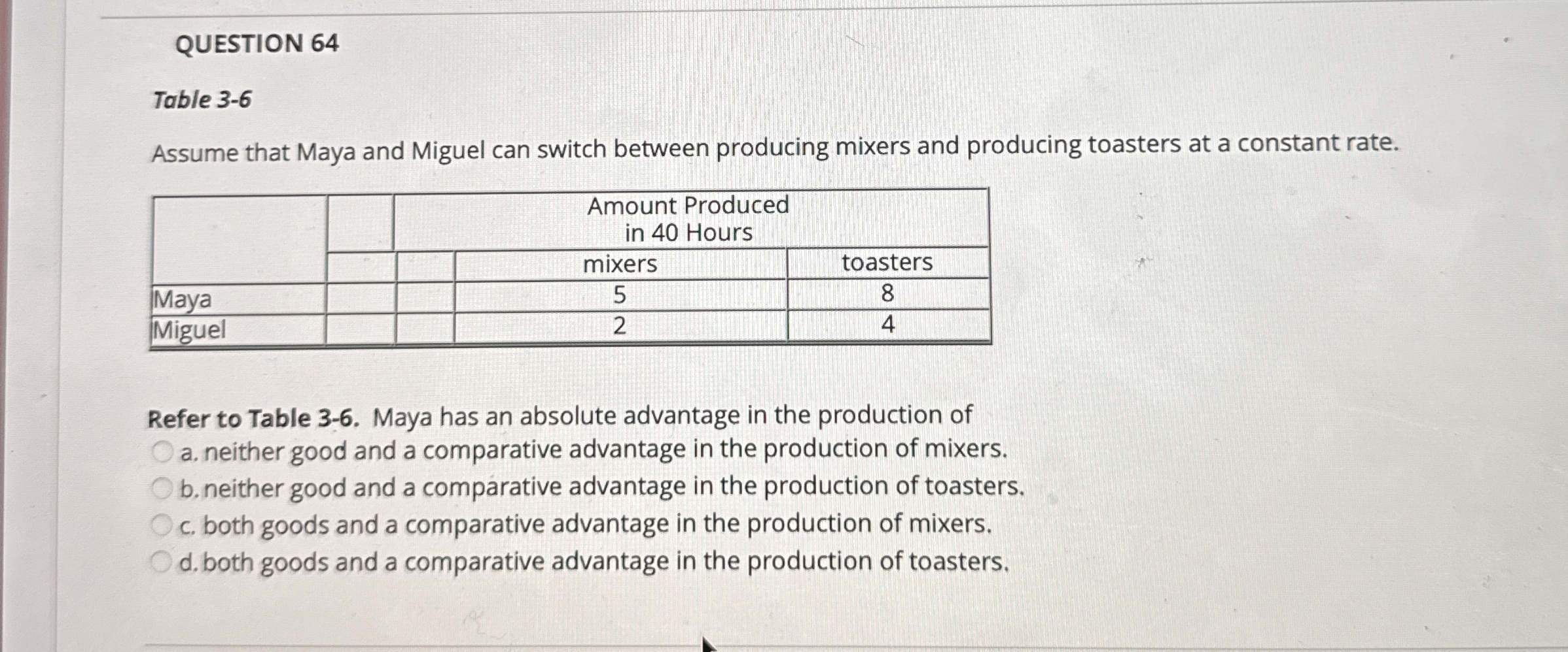 QUESTION 6 4 Table 3 - 6 Assume that Maya and
