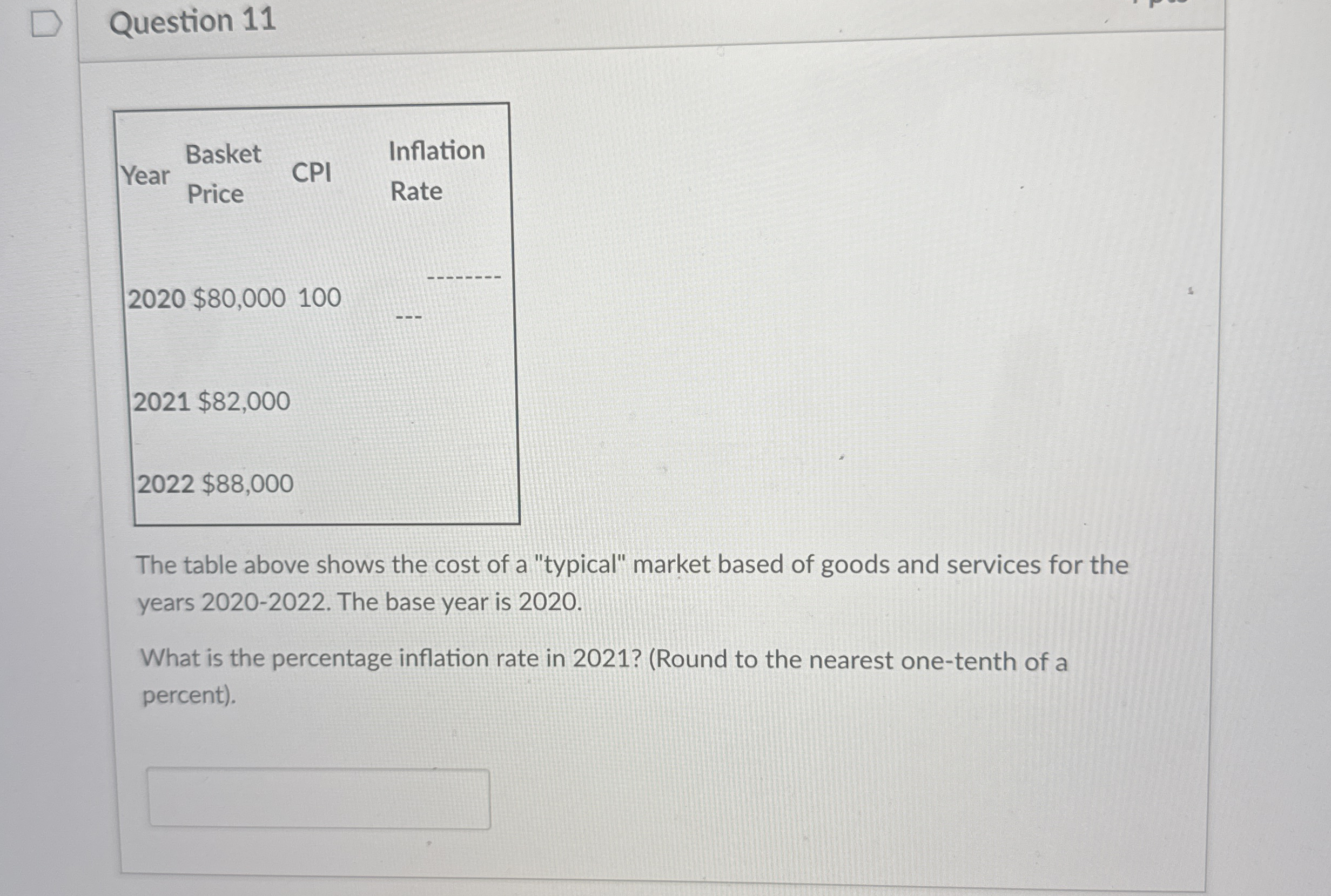 Question 1 1 The table above shows the cost of a