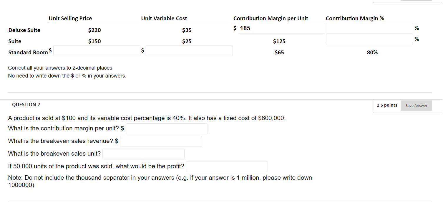Unit Selling Price Unit Variable Cost