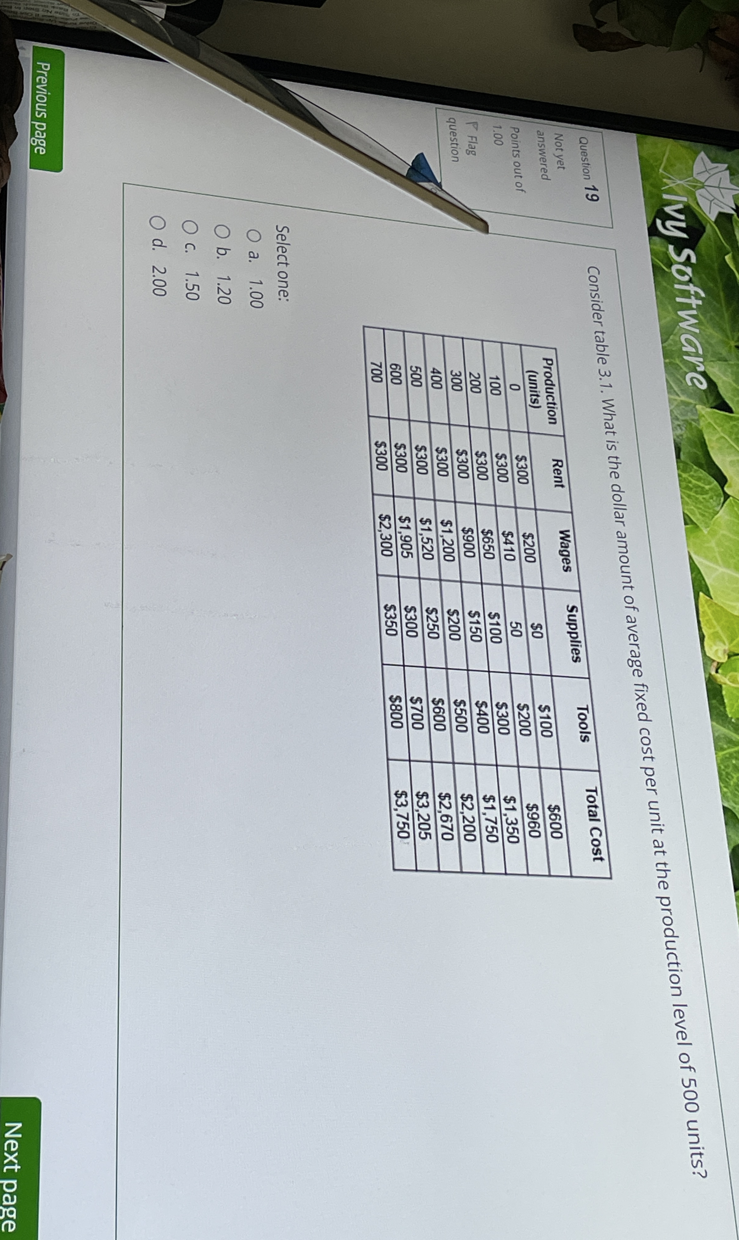 Question 1 9 Consider table 3 . 1 . What is the