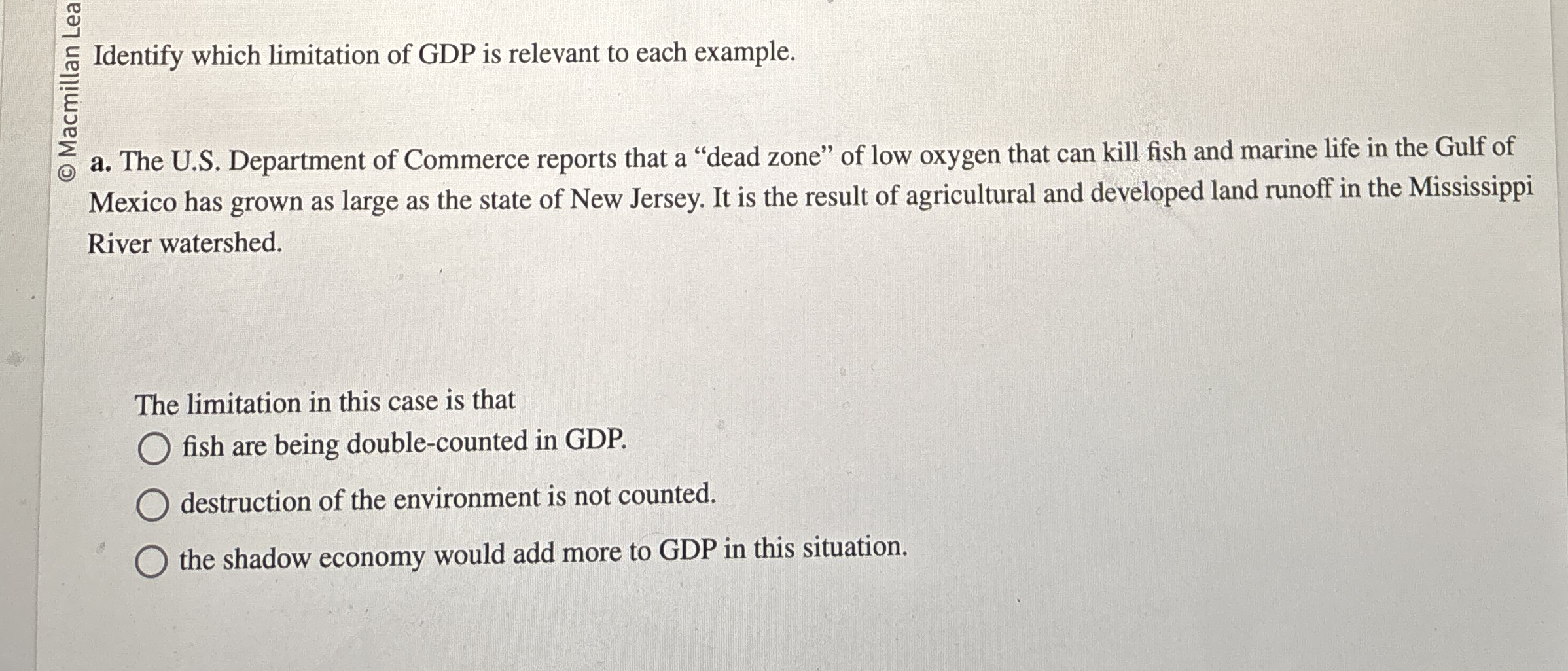 Identify which limitation of GDP is relevant to