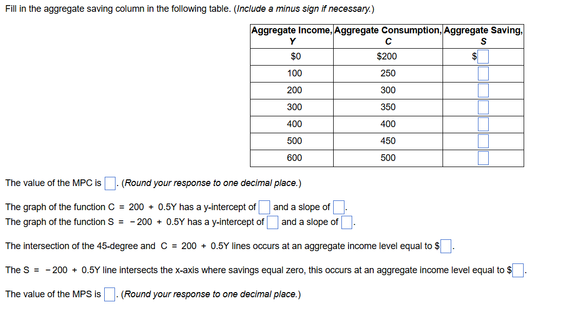 Fill i n the aggregate saving column i n the