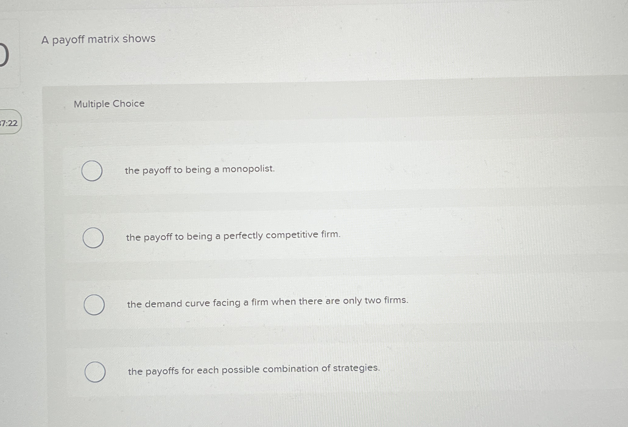 A payoff matrix shows Multiple Choice 1 7 : 2 2