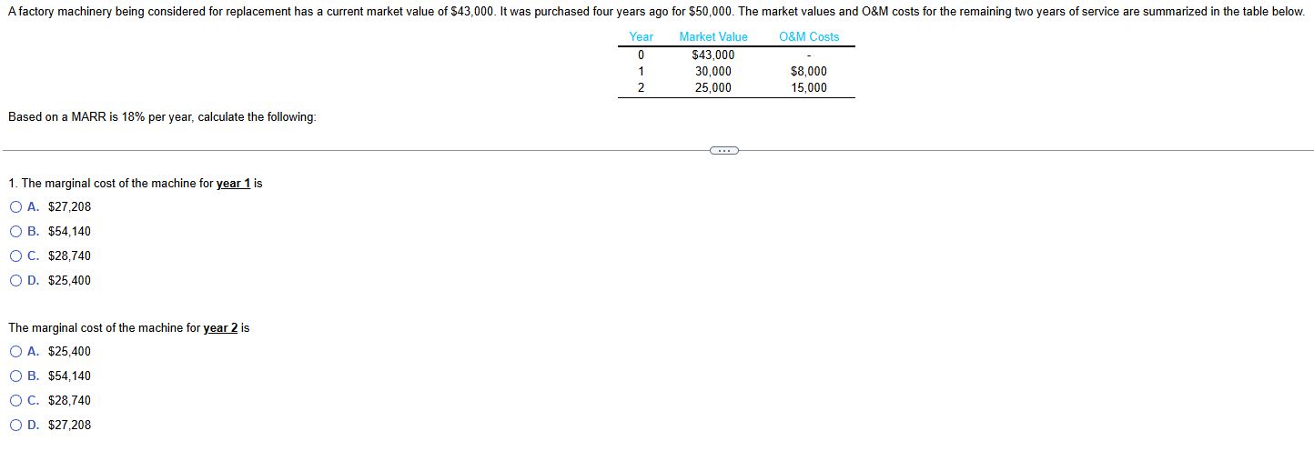 Based o n a MARR i s 1 8 % per year, calculate