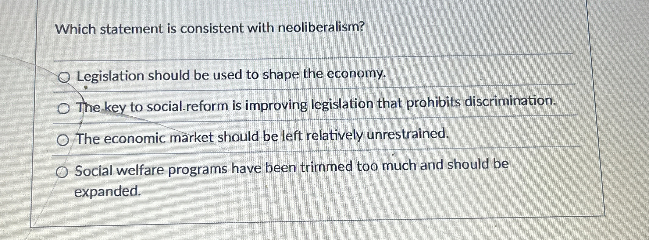 Which statement is consistent with neoliberalism?