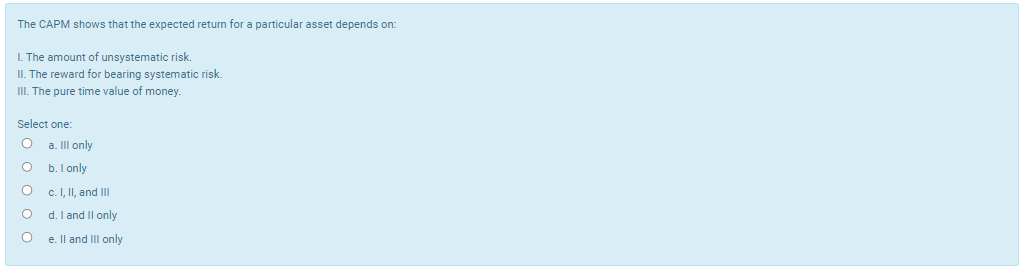 The CAPM shows that the expected return for a