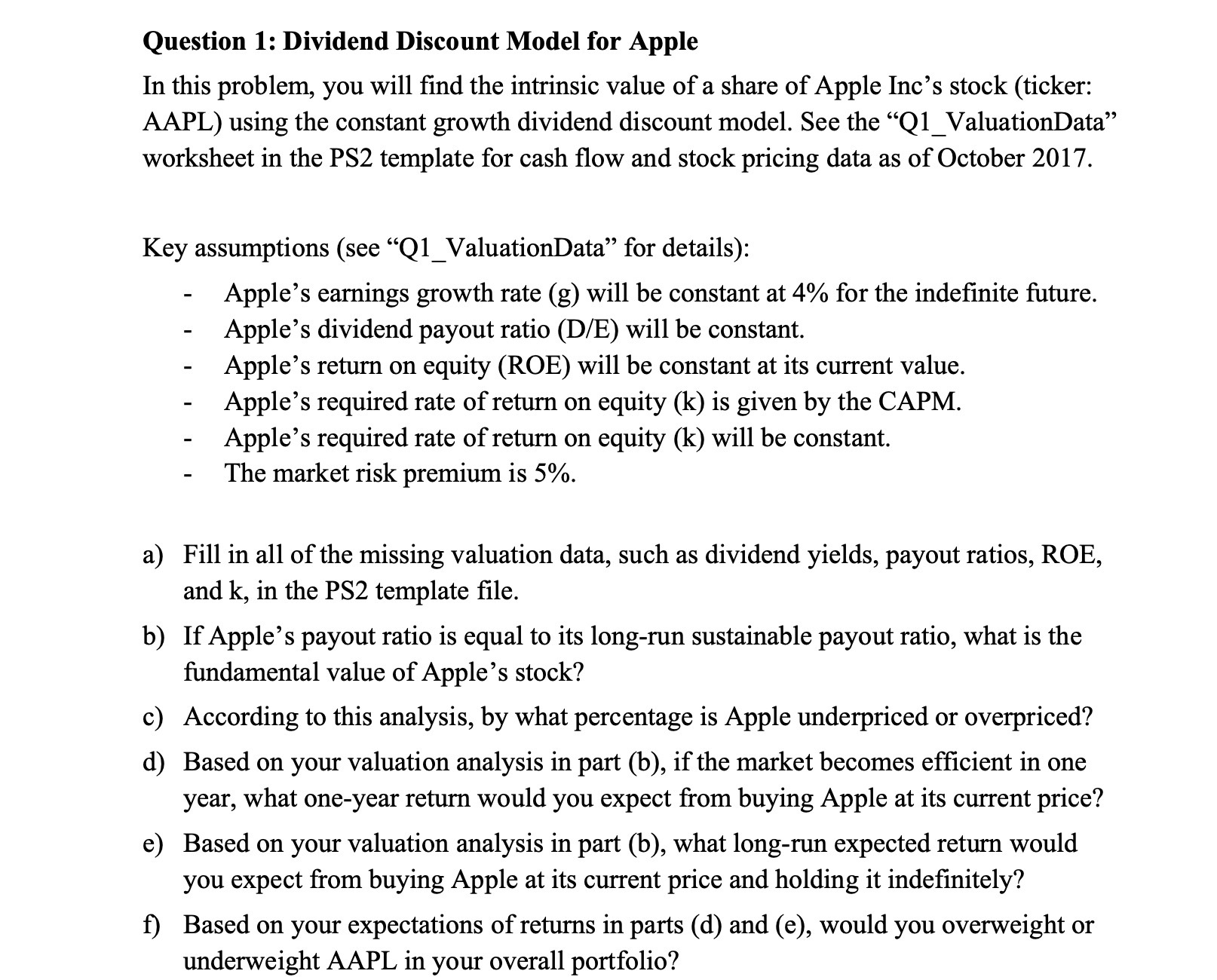 Question 1: Dividend Discount Model for Apple In