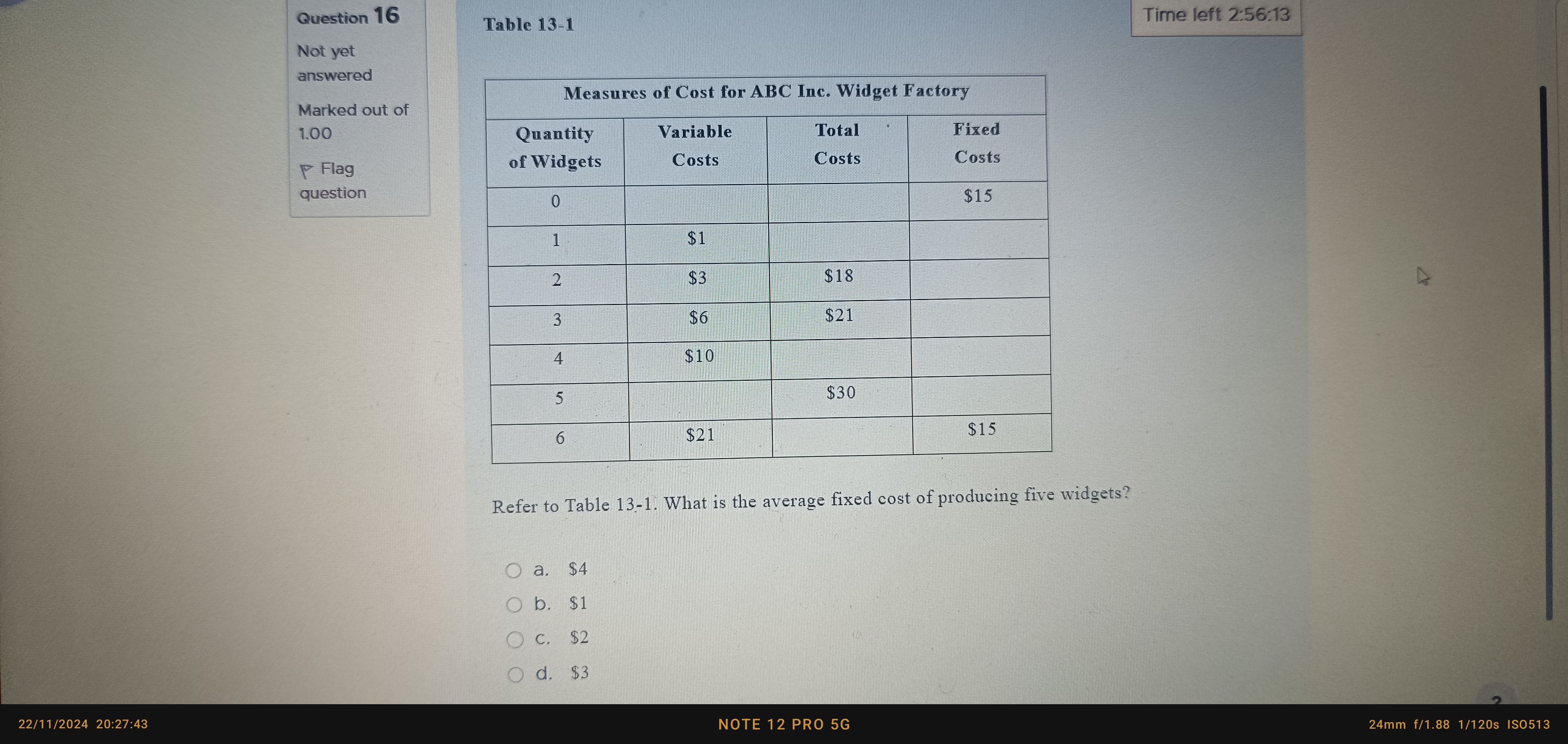 Question 1 6 Table 1 3 - 1 Time left 2 : 5 6 : 1