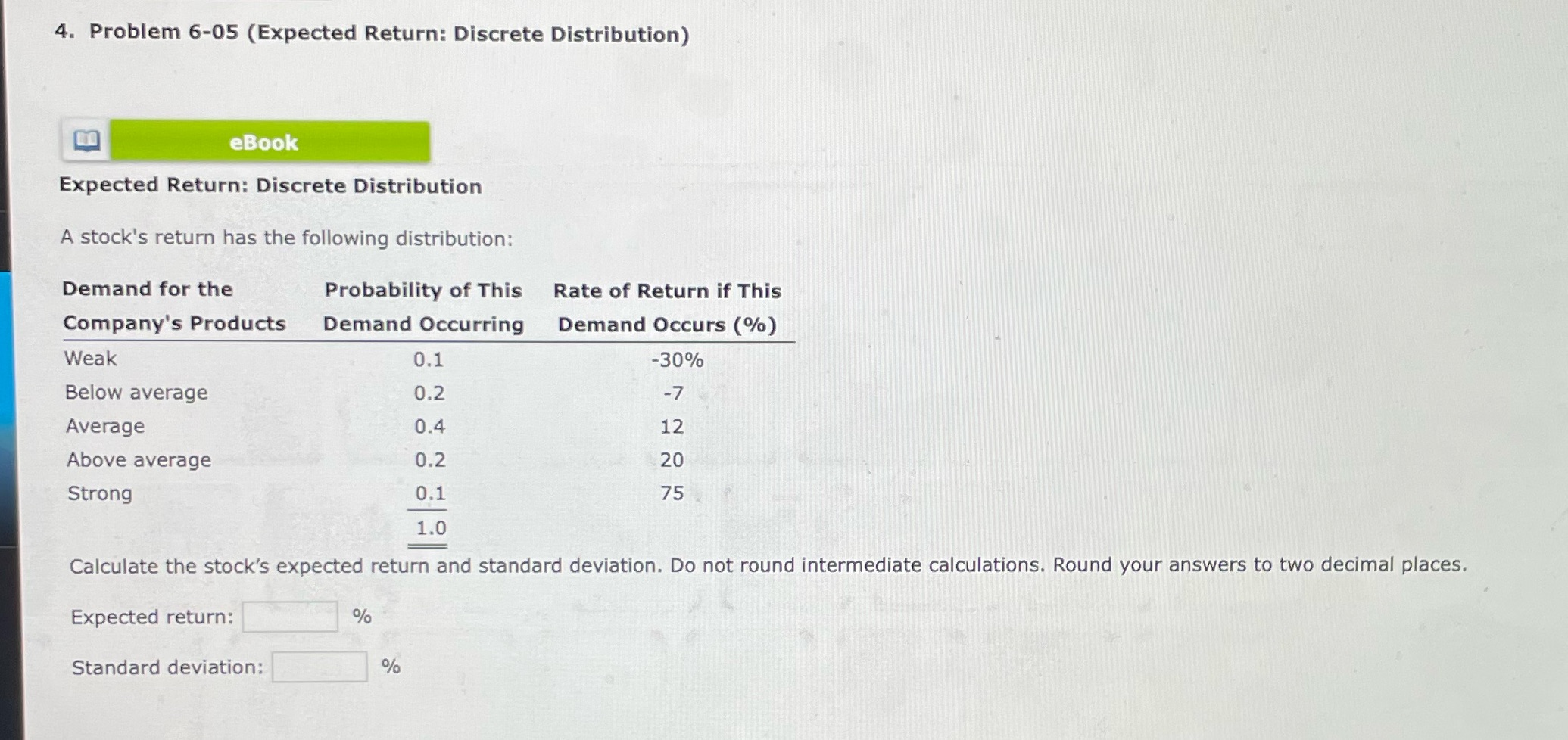 4. Problem 6-05 (Expected Return: Discrete