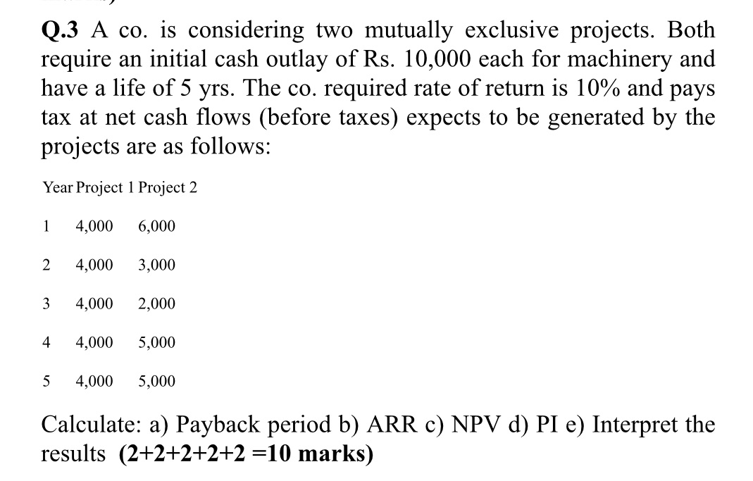 Q.3 A co. is considering two mutually exclusive