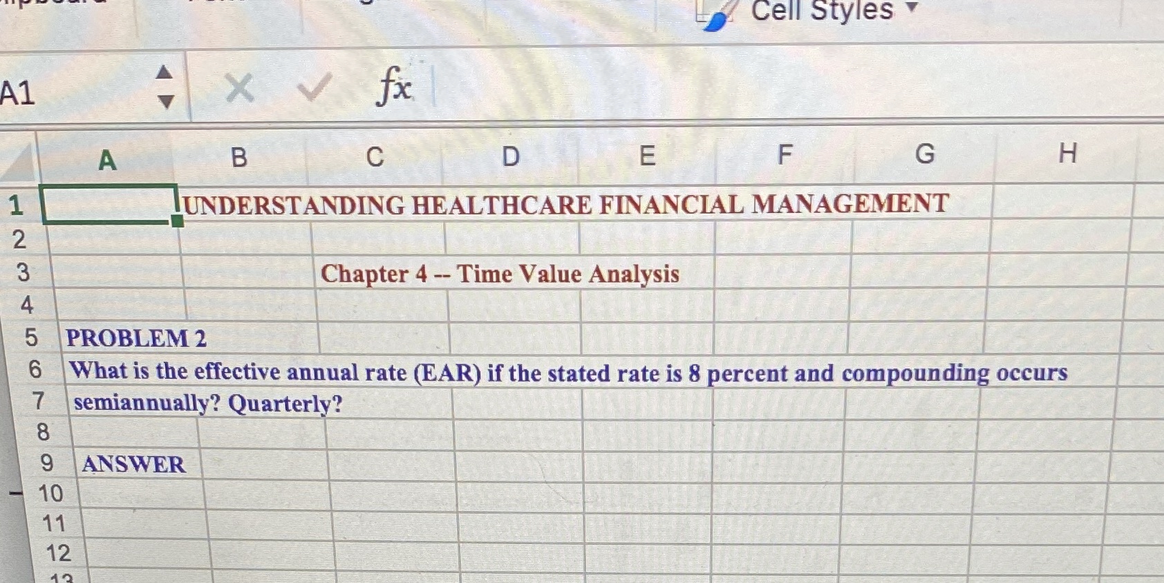 Cell Styles A1 X V fx A B C D E F G H