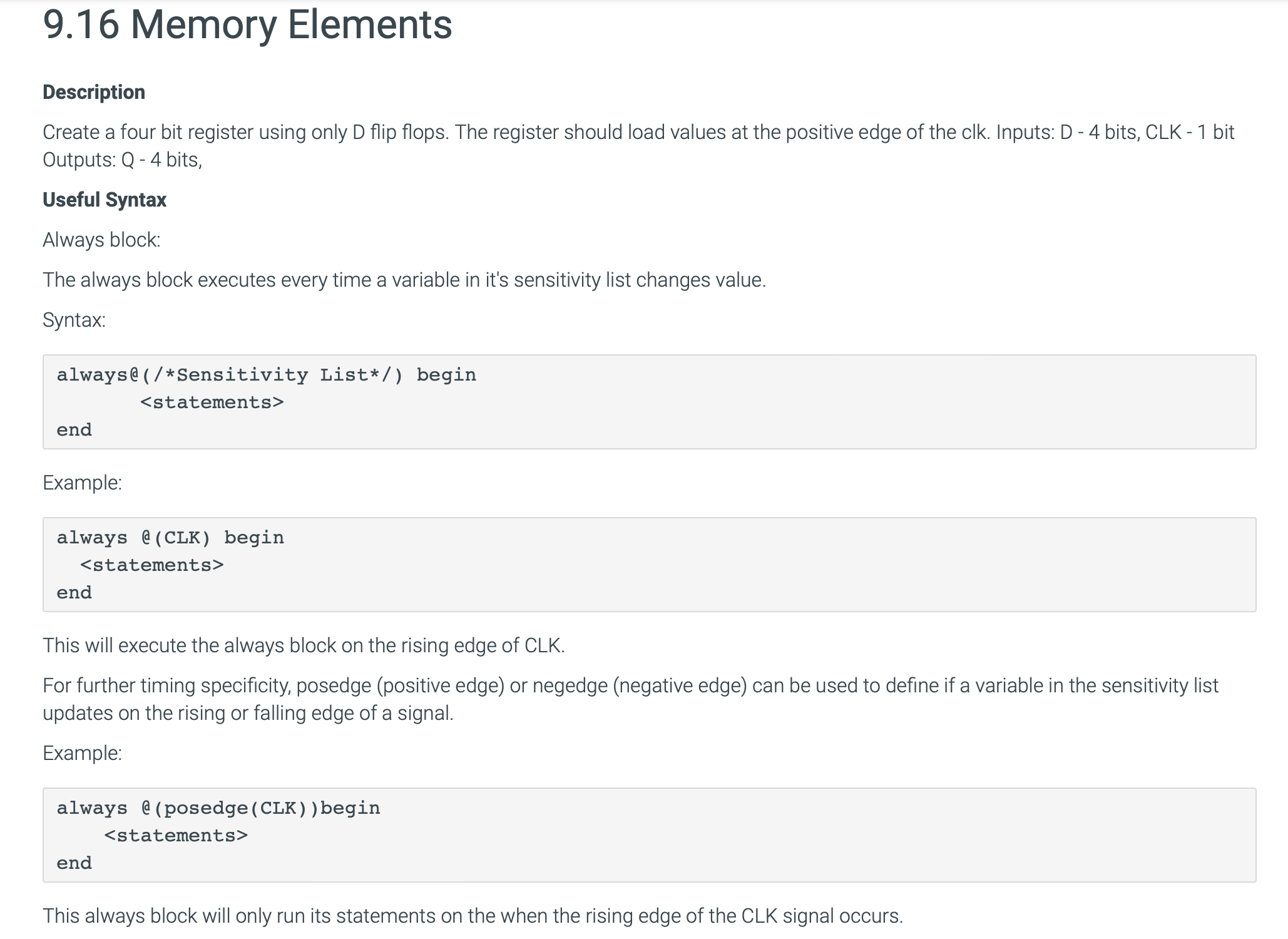 9 . 1 6 Memory Elements Description Create a four