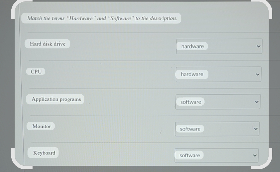 Match the terms "Hardware" and "Software" to the