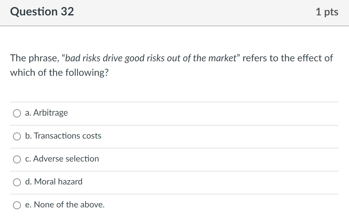 Question 32 1 pts The phrase, \"bad risks drive