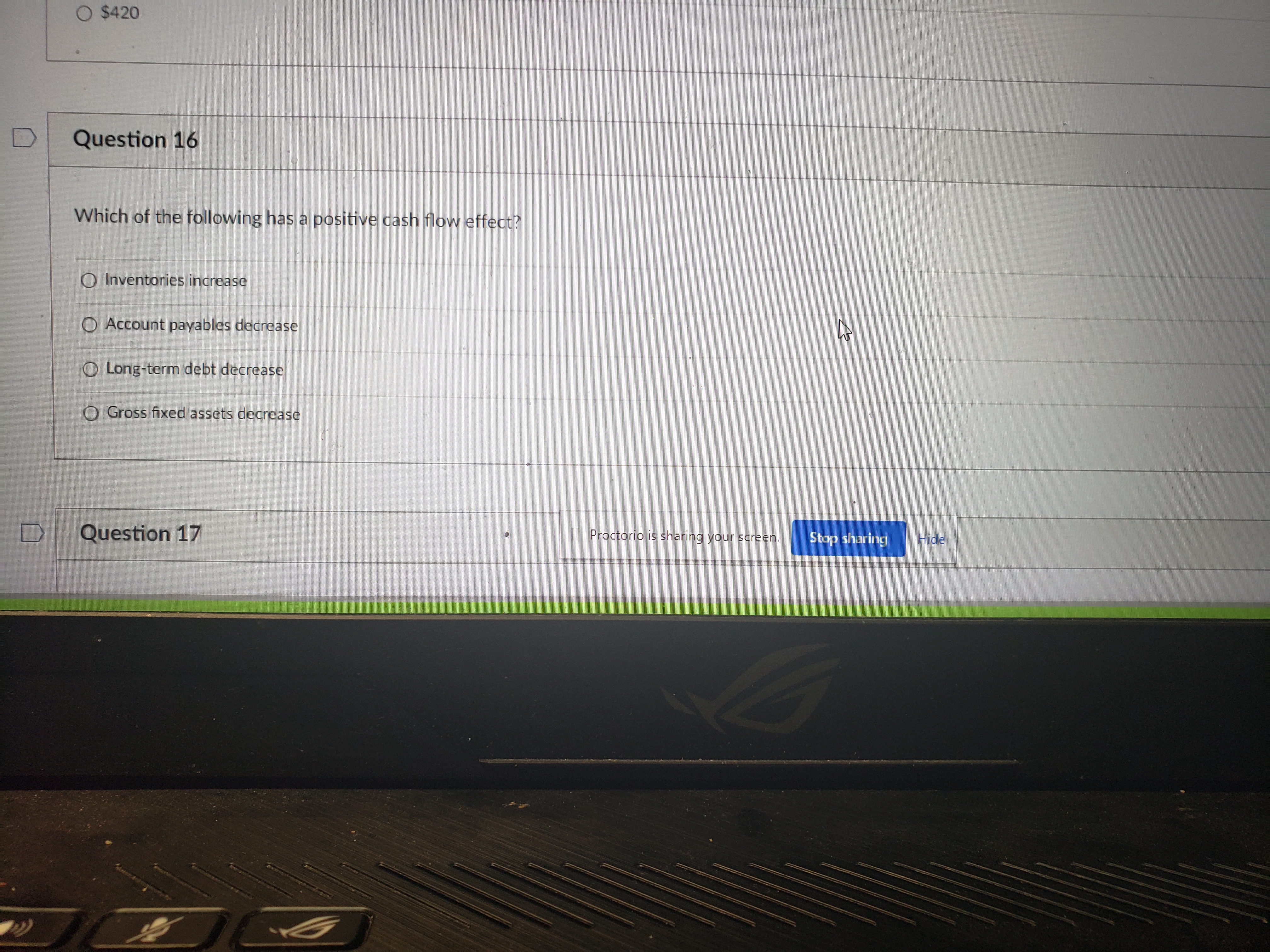 Help pls thanks!!! $420 D Question 16 Which of