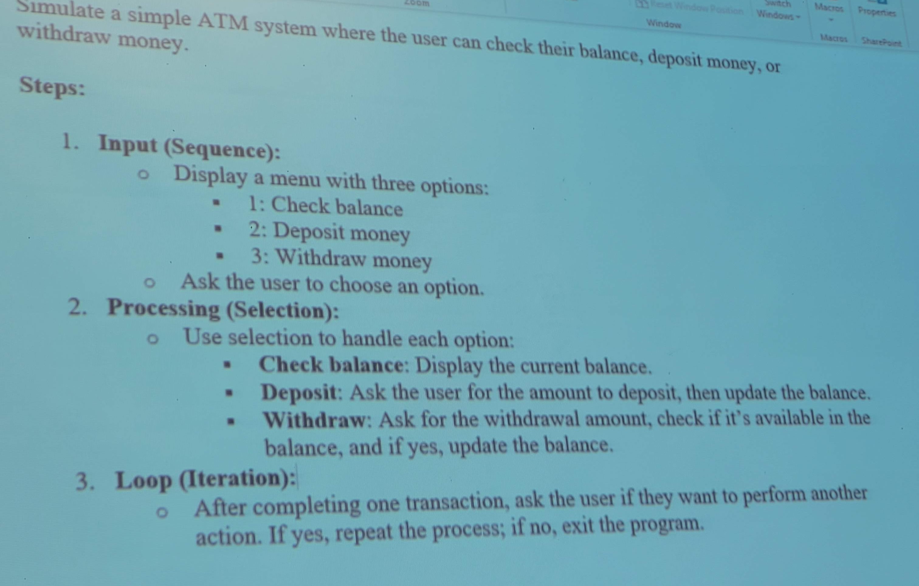 Simulate a simple ATM system, using C + + , where