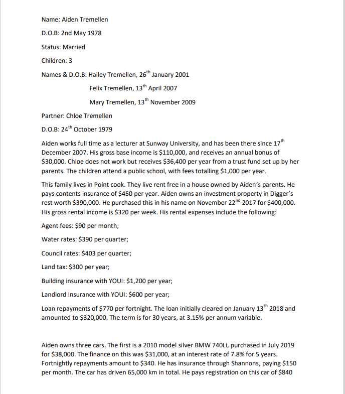 Given the client's data: Name: Aiden Tremellen