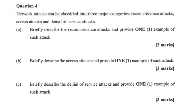 Question 4 Network attacks can be classified into
