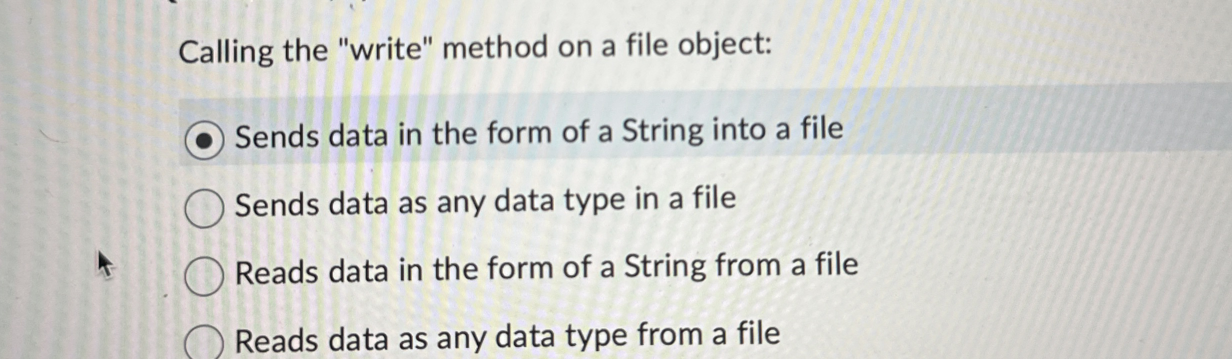 Calling the "write" method on a file object: