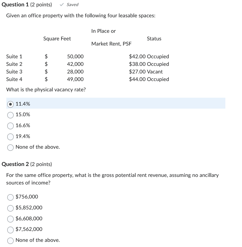 Question 1 (2 points) Saved Given an office