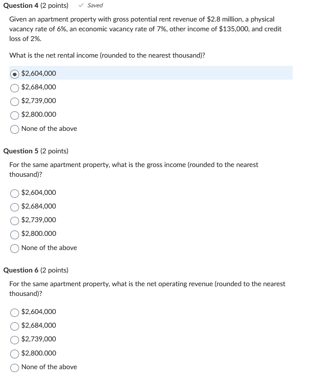Question 4 {2 points} Saved Given an apartment