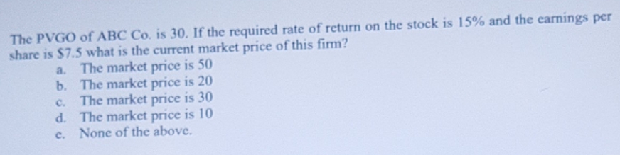 multiple choice The PVGO of ABC Co. is 30. If the