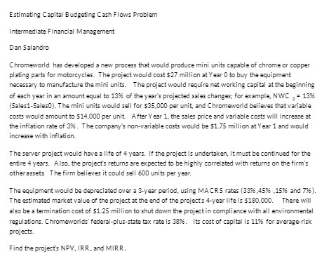 Estimating Capital Budgeting Cash Flows Problem