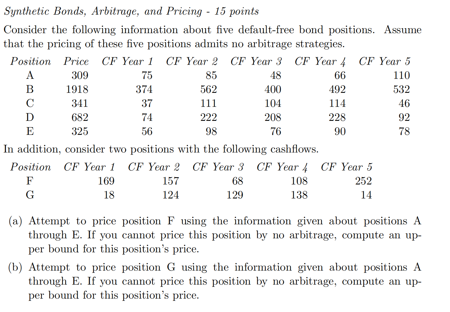 Synthetic Bonds, Arbitrage, and Pricing 15 points