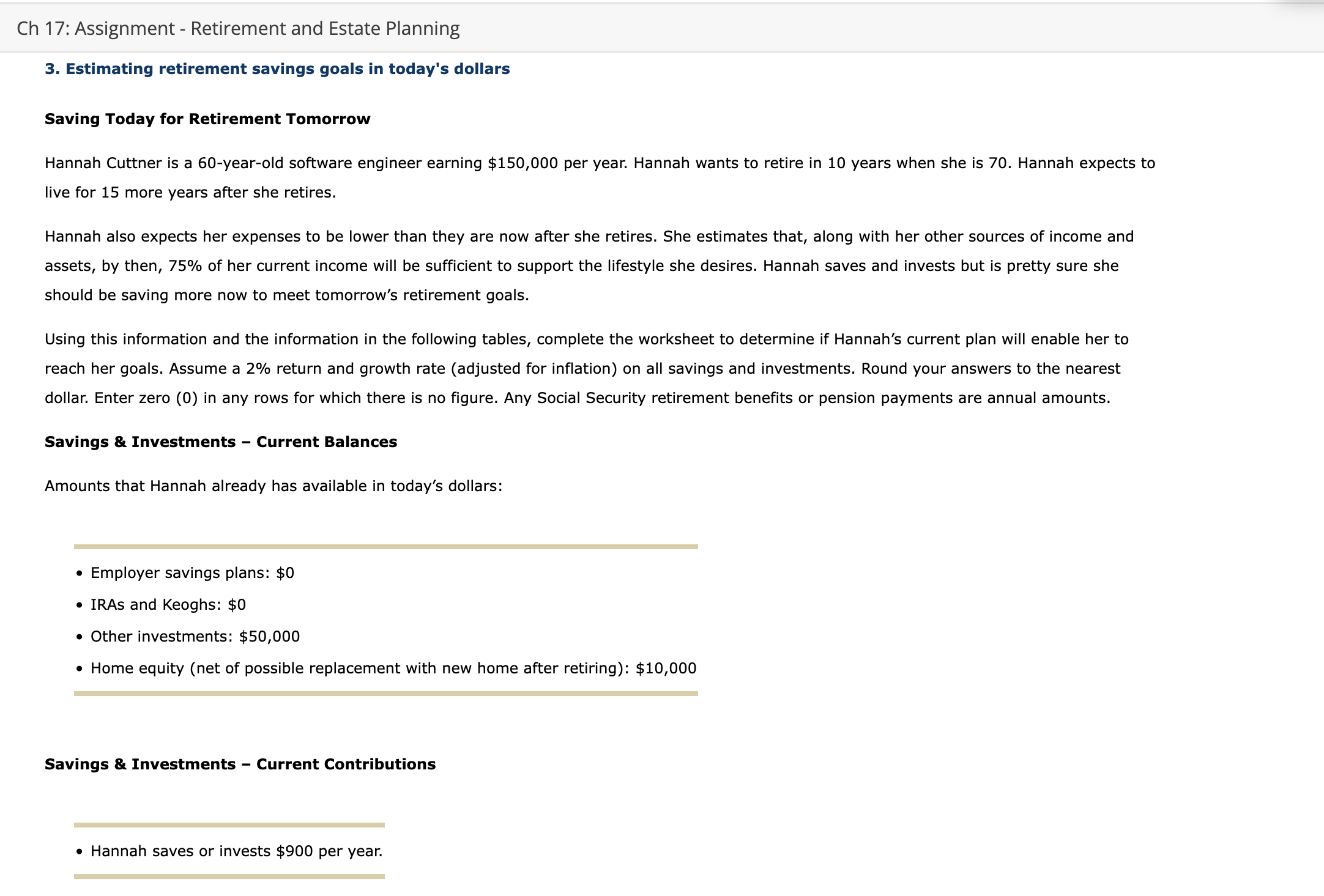 Ch 17: Assignment - Retirement and Estate