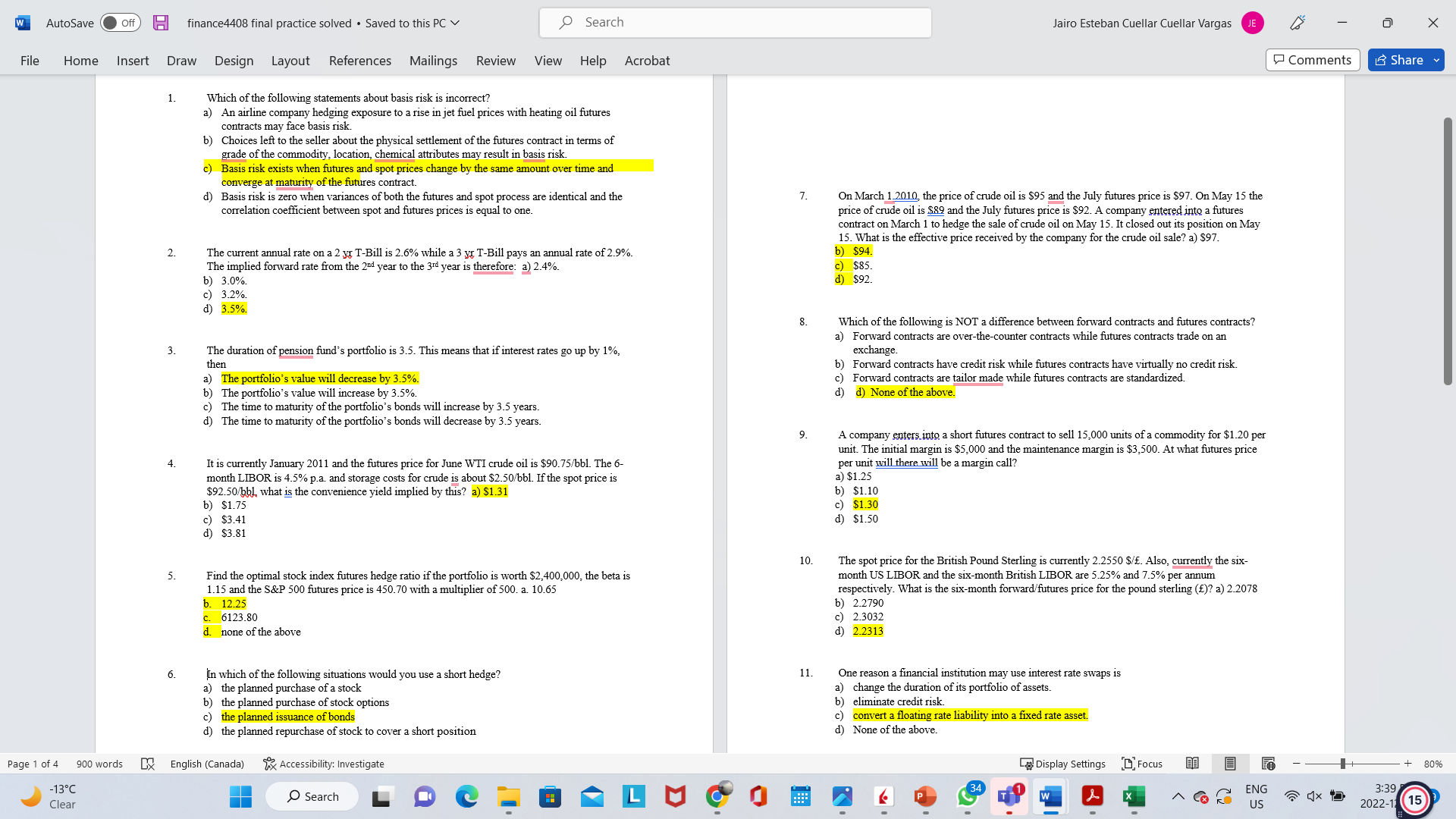 W AutoSave Off finance4408 final practice solved
