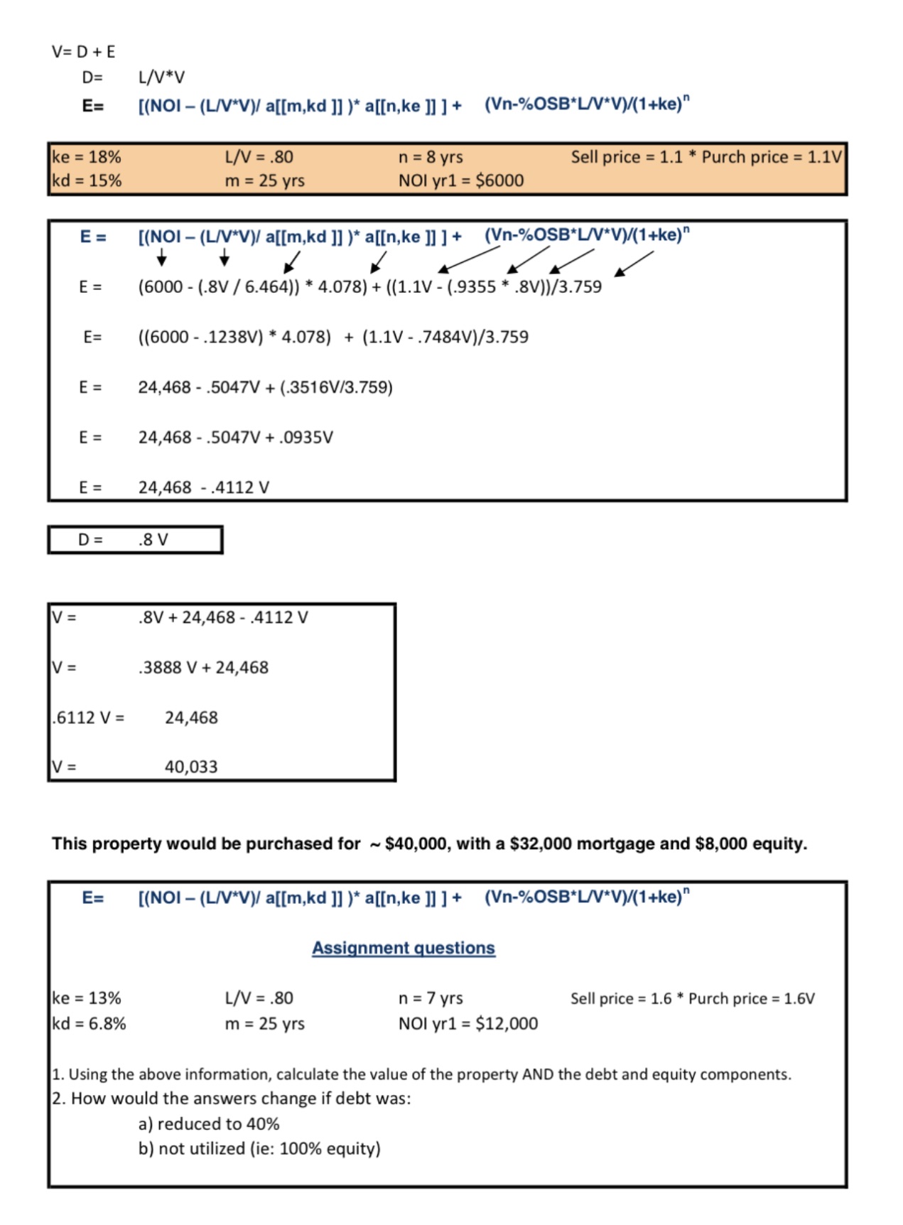 V=D+E D= L/V*V E= [(NOI - (LIV*V)/ a[[m,kd ]] )*
