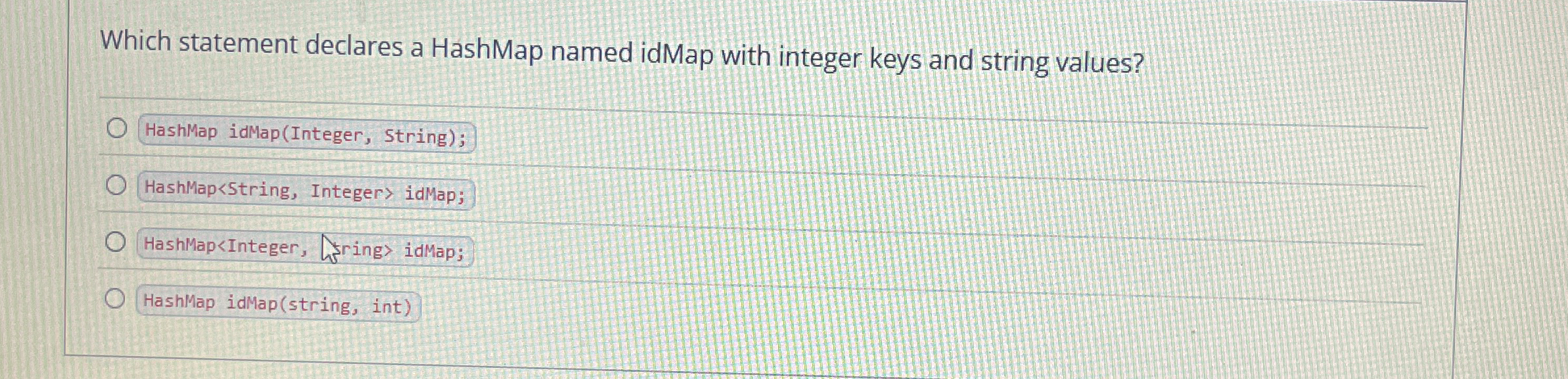 Which statement declares a HashMap named idMap