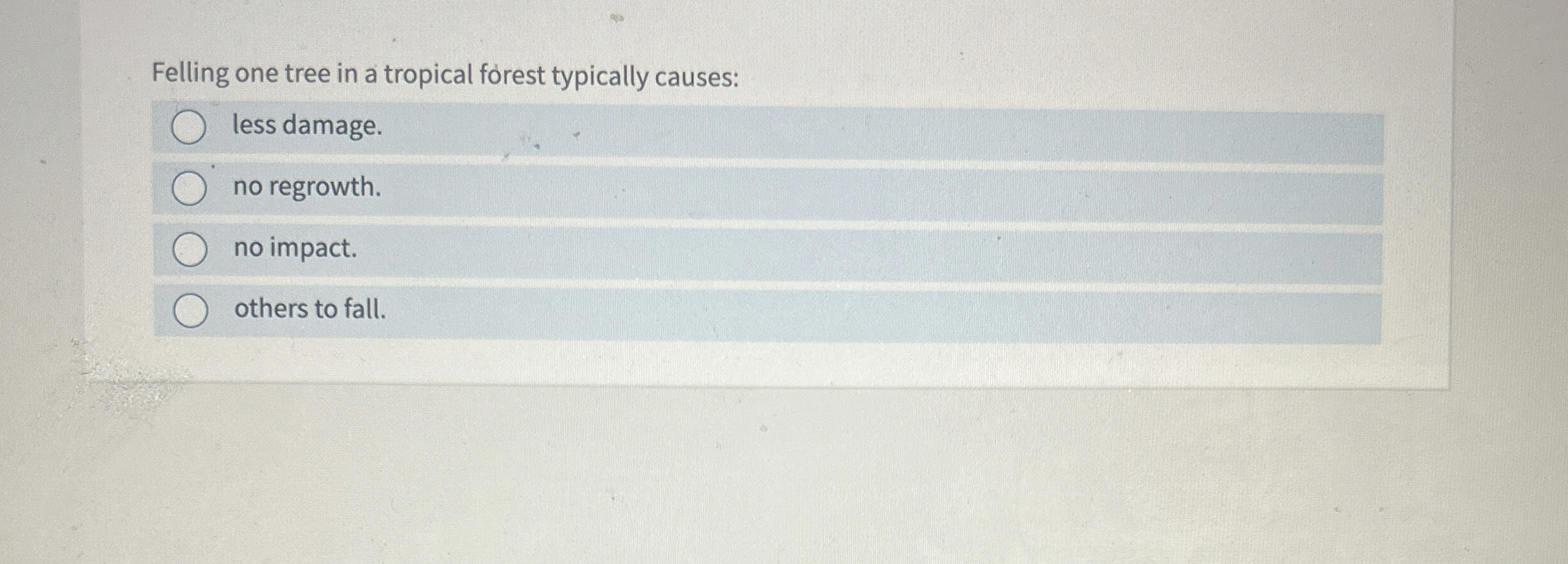 Felling one tree in a tropical forest typically